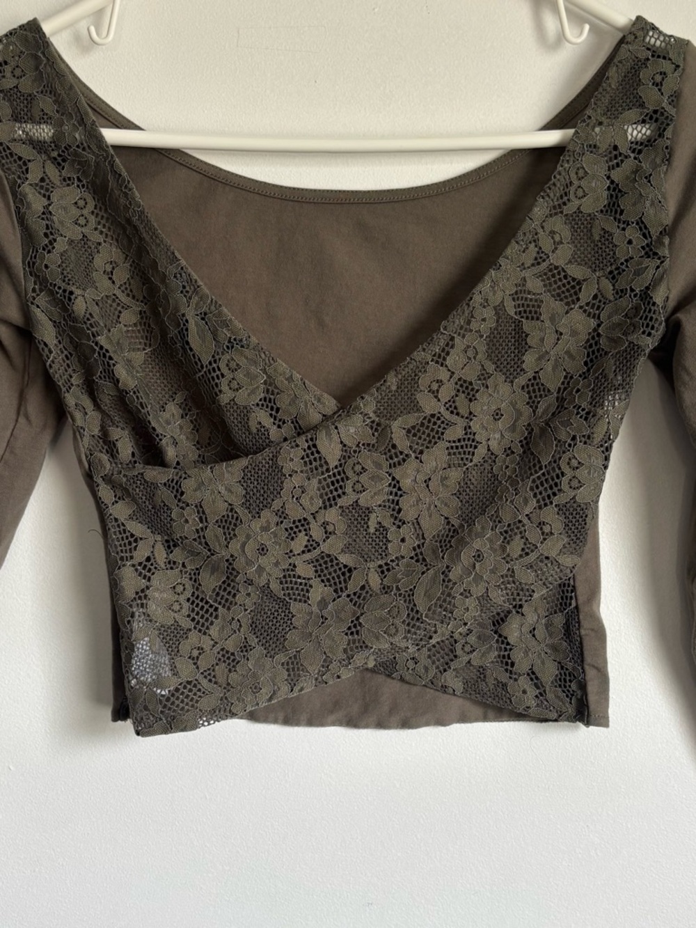 American Eagle-Olive Green Lace-Overlay Long Sleeve Crop Top